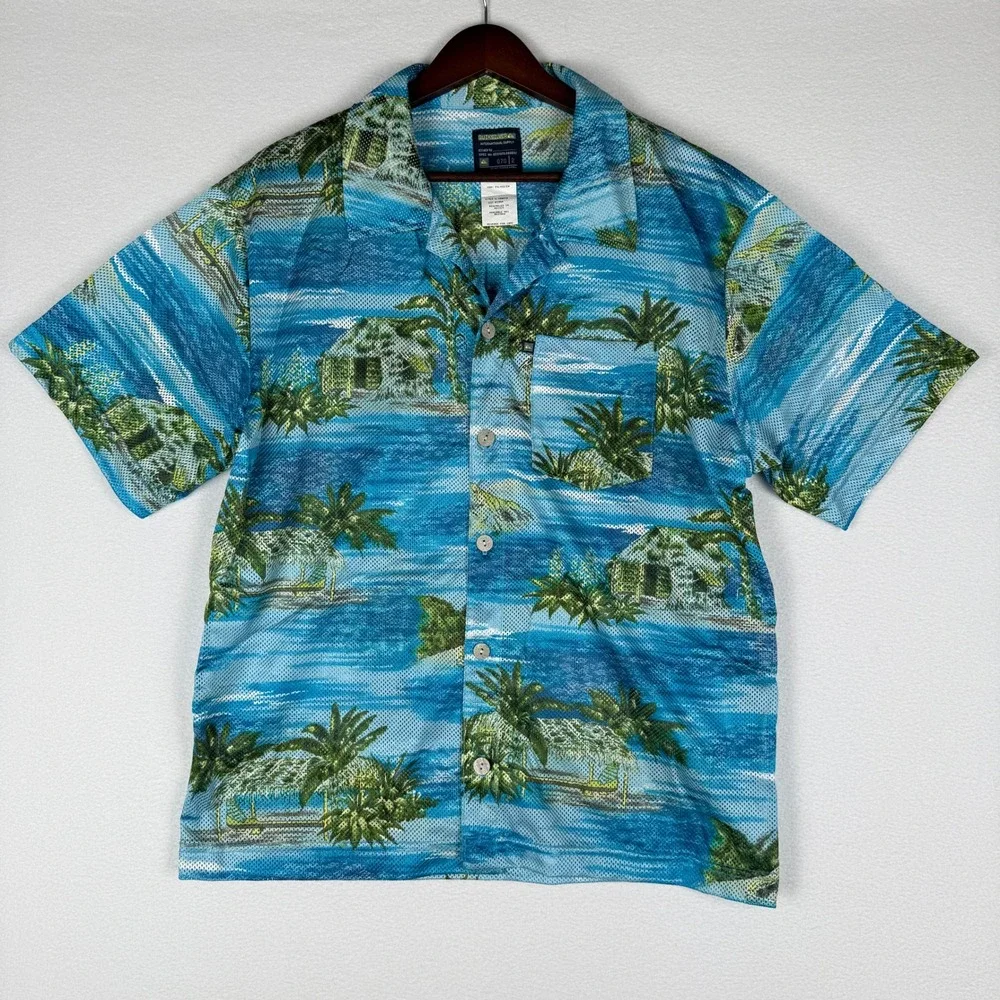 Quicksilver Hawaiian Mesh Shirt Mens Medium Palm Trees‎ Short Sleeve Button Up - Picture 2 of 7
